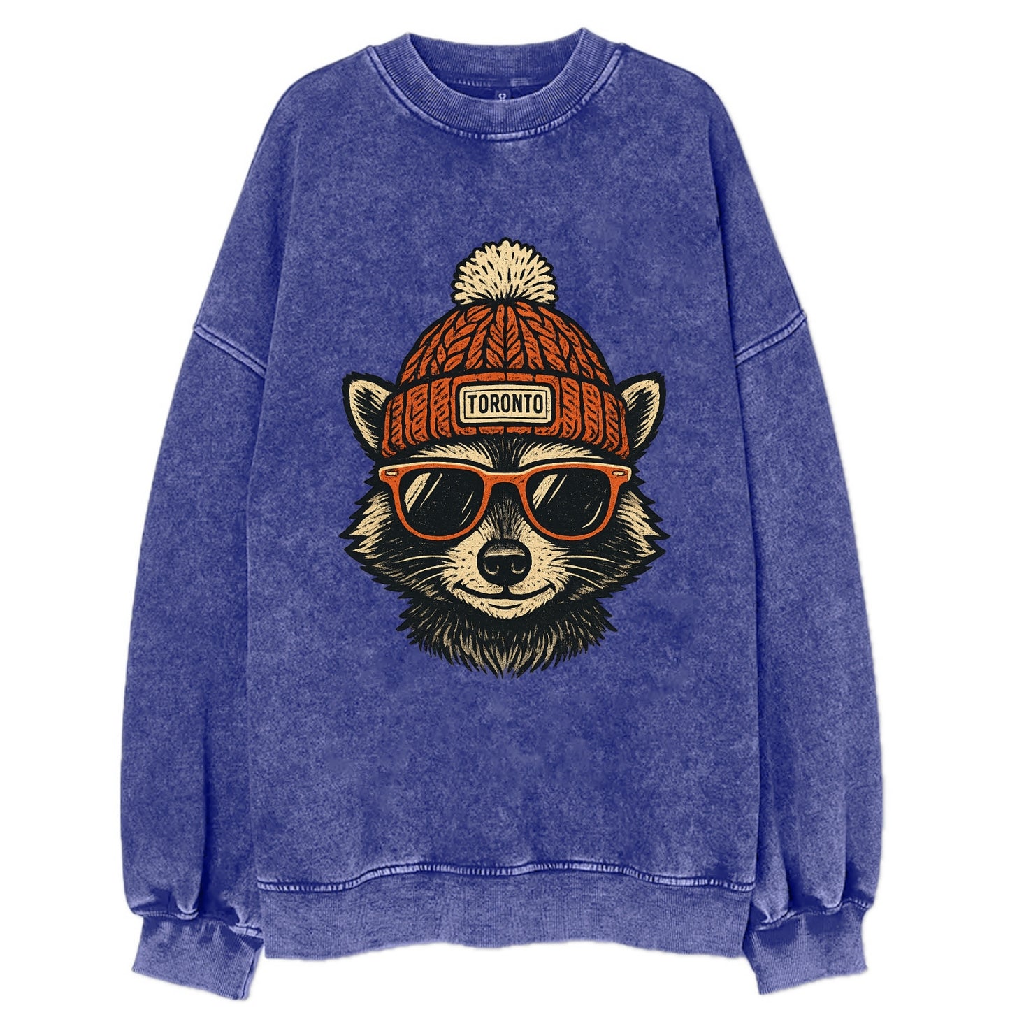 Toronto Raccoon wearing Toronto beanie with pom pom and wayfarer sunglasses - Vintage Sweatshirt - Blue