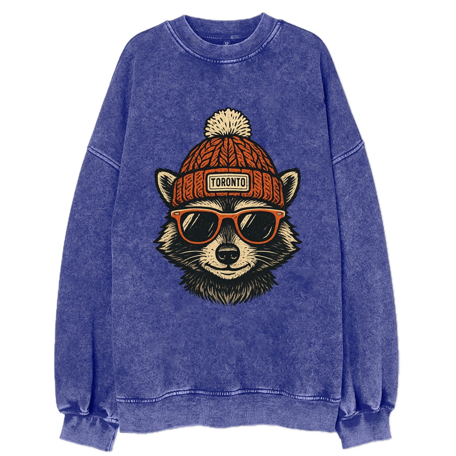Toronto Raccoon wearing Toronto beanie with pom pom and wayfarer sunglasses - Vintage Sweatshirt - Blue