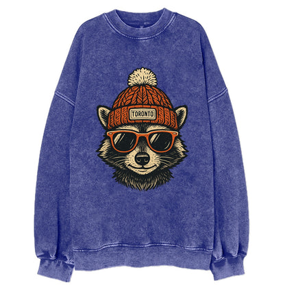 Toronto Raccoon wearing Toronto beanie with pom pom and wayfarer sunglasses - Vintage Sweatshirt - Blue