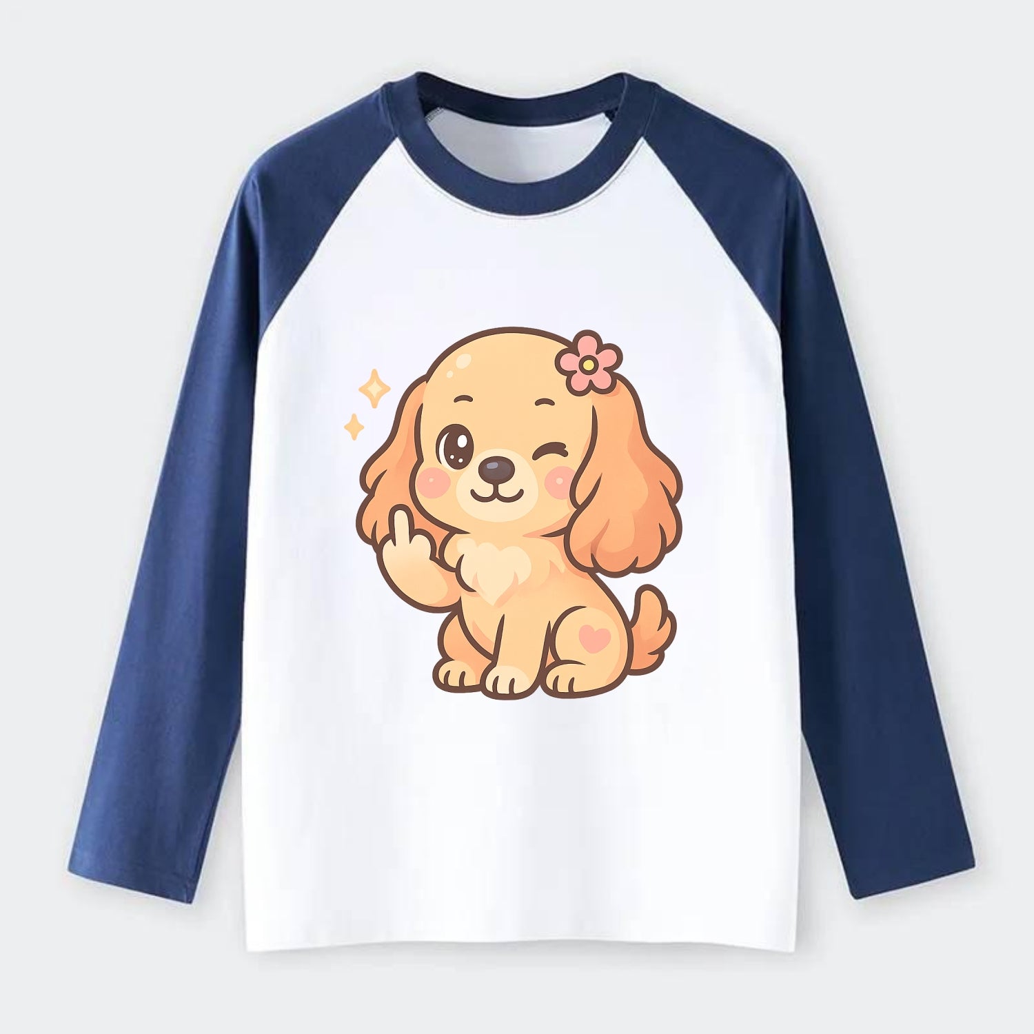 Cocker Spaniel with long wavy ears, gentle face, paw flipping off - Raglan Long Sleeve T-Shirt - Blue