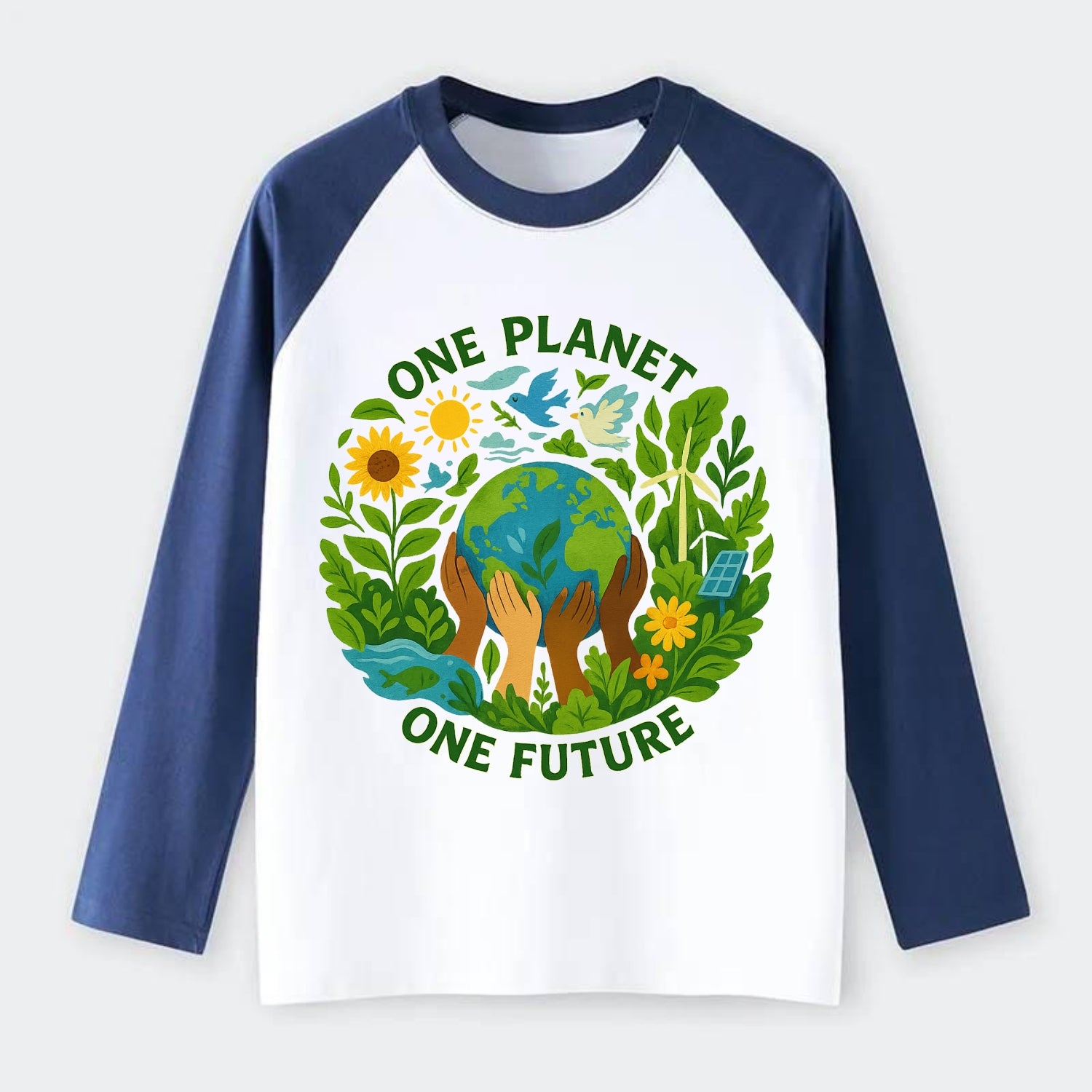Globe surrounded by hands of all colors working together - "One - Raglan Long Sleeve T-Shirt - Blue