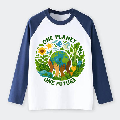 Globe surrounded by hands of all colors working together - "One - Raglan Long Sleeve T-Shirt - Blue