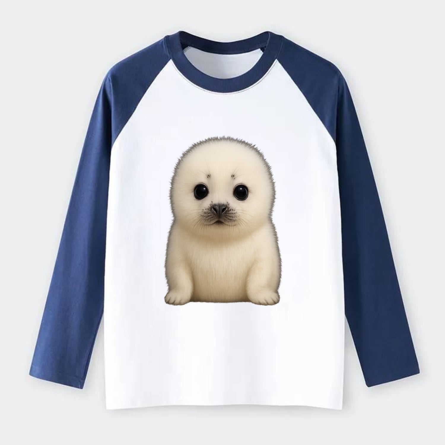 Baby Harp Seal - pure white fluffy fur, enormous dark eyes, - Raglan Long Sleeve T-Shirt - Blue