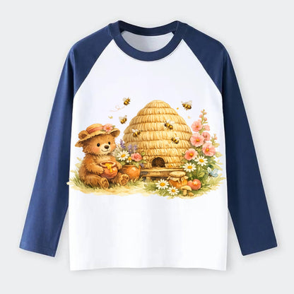 SKEP HIVE | Traditional straw beehive | Cottage garden setting | - Raglan Long Sleeve T-Shirt - Blue