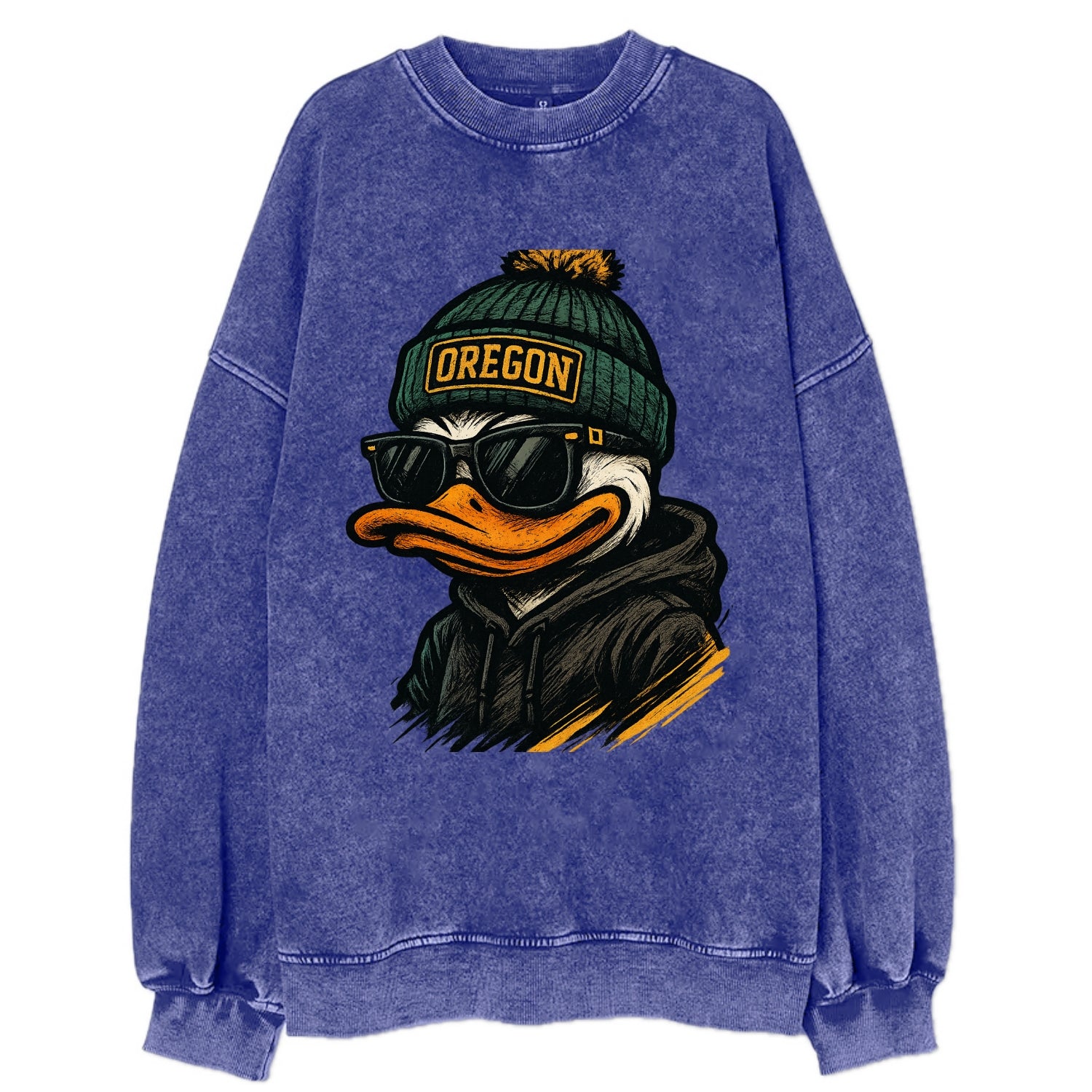 Eugene Duck wearing Oregon beanie with O patch - Vintage Sweatshirt - Blue