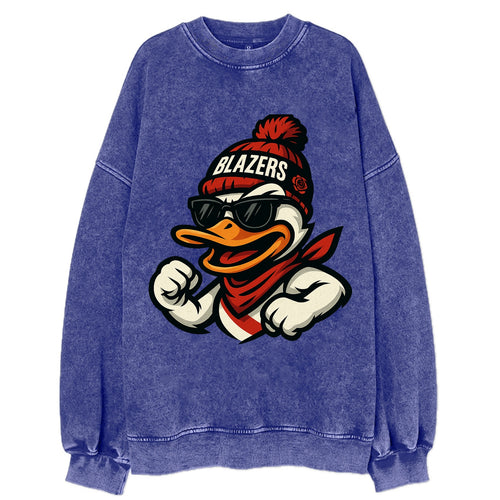 Oregon Duck wearing Trail Blazers beanie with rose patch and wayfarer - Vintage Sweatshirt