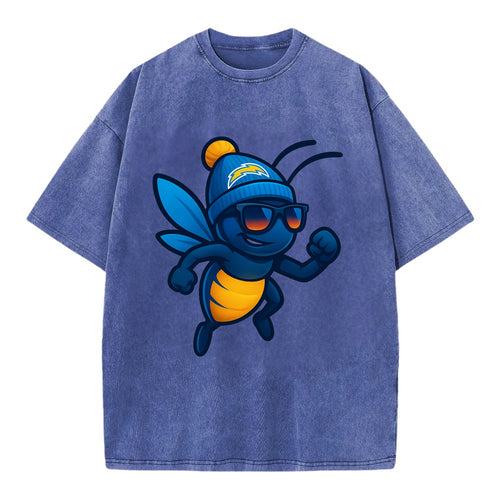 LA Lightning Bug wearing Chargers powder blue and gold beanie with pom pom and - Vintage T-shirt