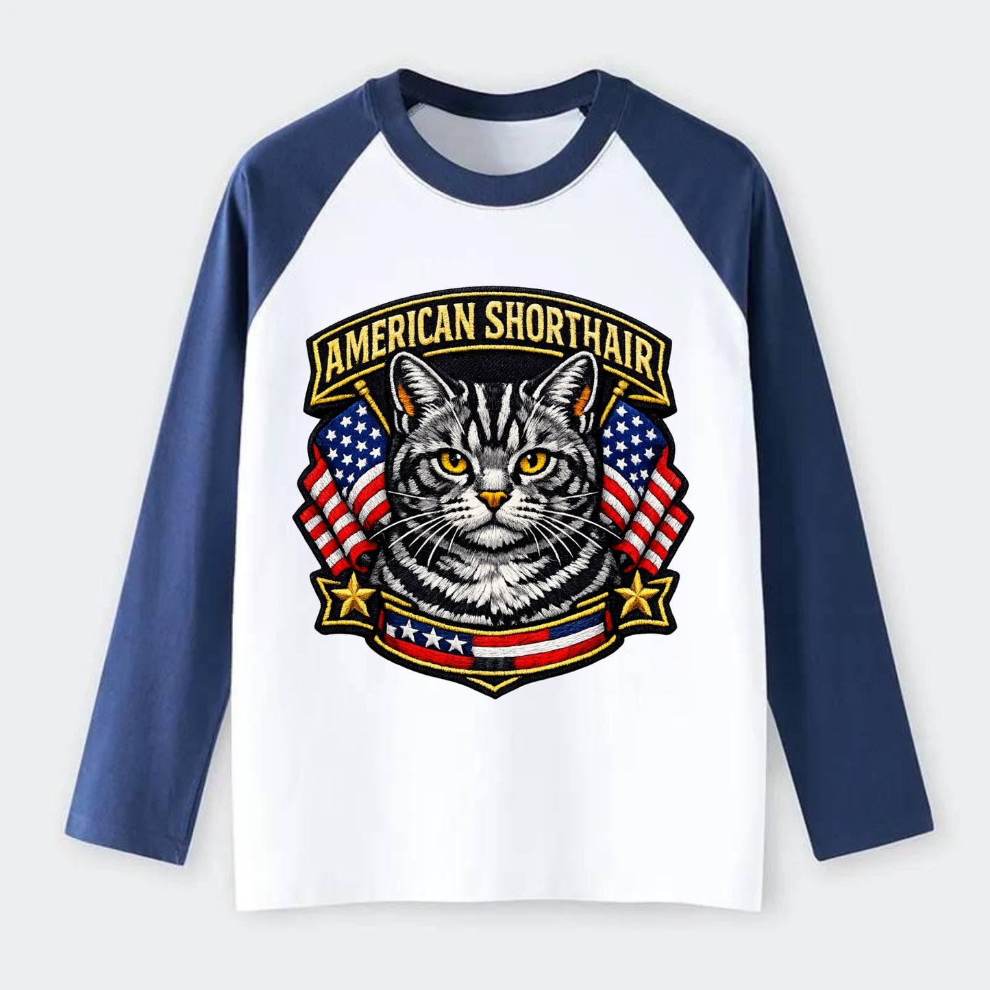AMERICAN SHORTHAIR - classic american cat in silver tabby , - Raglan Long Sleeve T-Shirt - Blue