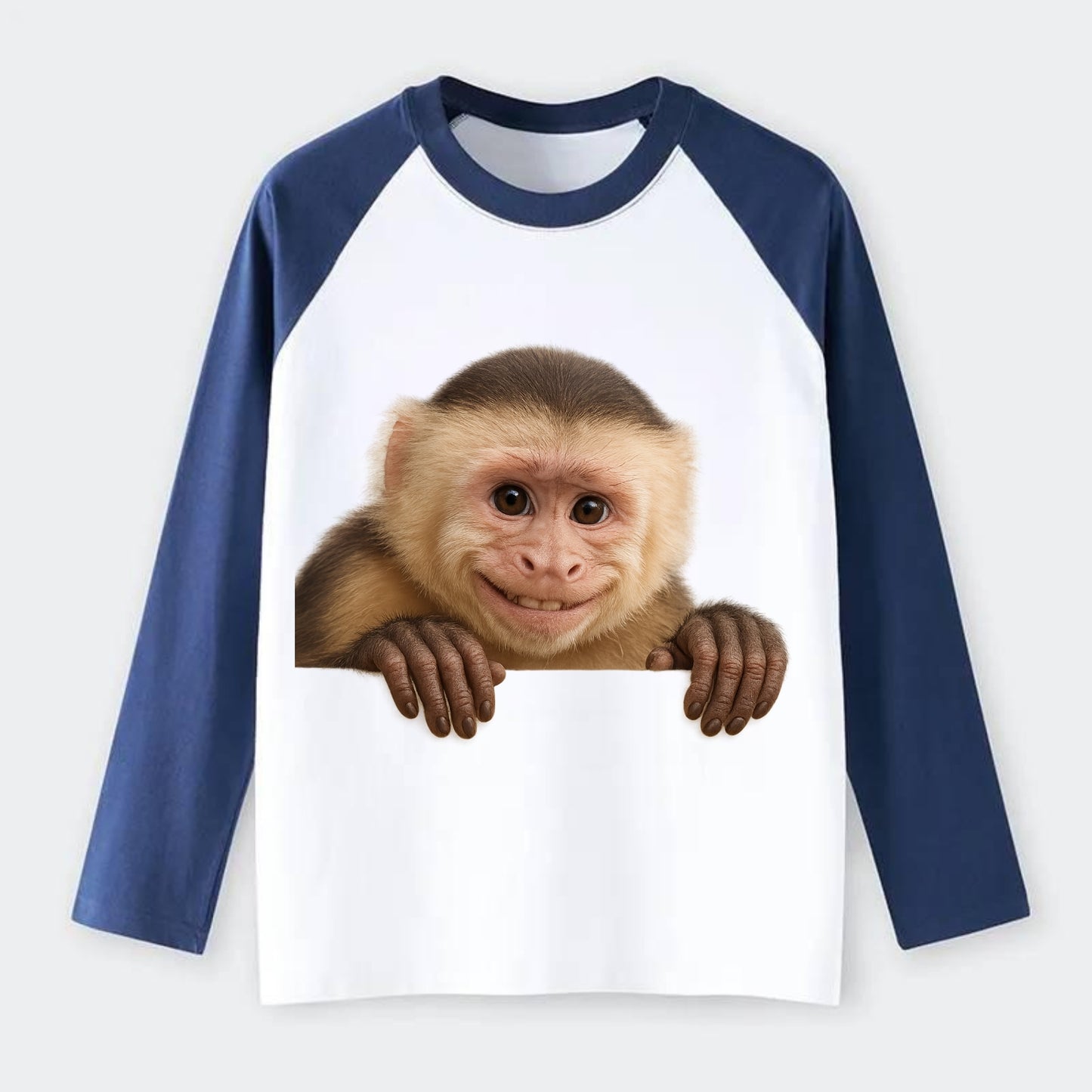 Capuchin Monkey  - Raglan Long Sleeve T-Shirt - Blue