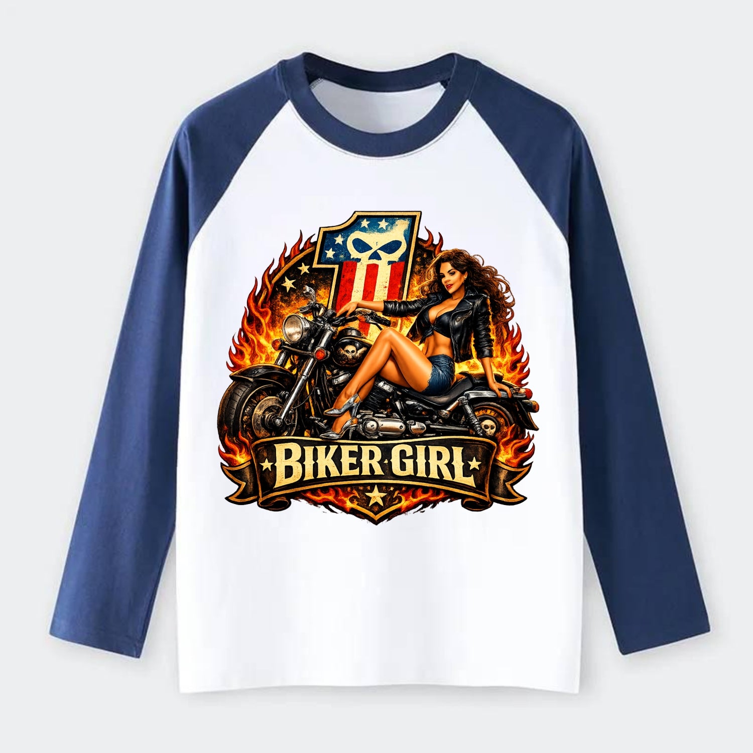 Vintage Biker Pin Up - Raglan Long Sleeve T-Shirt - Blue