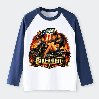 Vintage Biker Pin Up - Raglan Long Sleeve T-Shirt - Blue