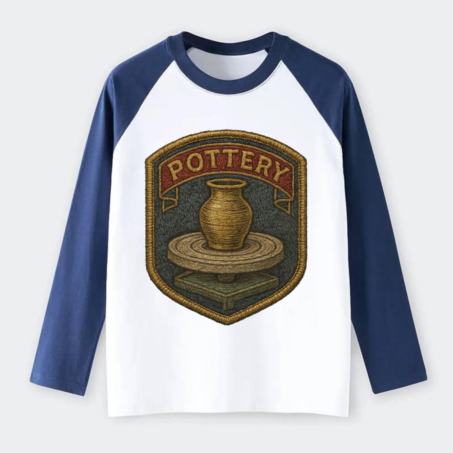Pottery wheel with clay vessel - ceramicist symbol - Raglan Long Sleeve T-Shirt - Blue