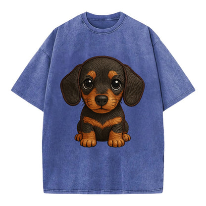 Baby Dachshund Puppy - long body, short legs, floppy ears, curious eyes, - Vintage T-shirt - Blue