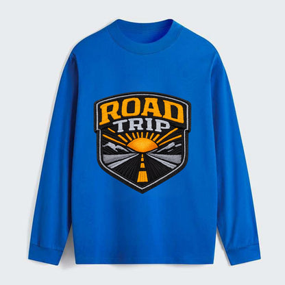 ROAD TRIP - highway and sun in orange and gray , open road - Classic Long Sleeve Shirt - Blue