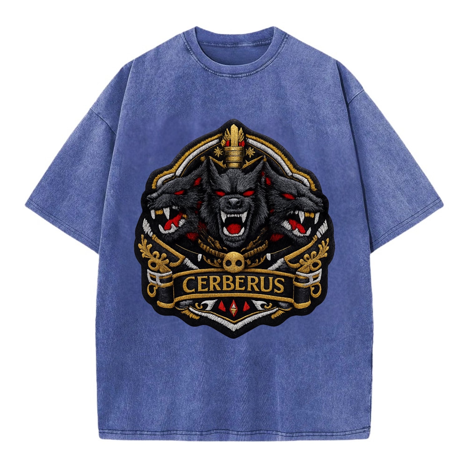 CERBERUS THREE HEADS - triple hound in black and red , underworld - Vintage T-shirt - Blue