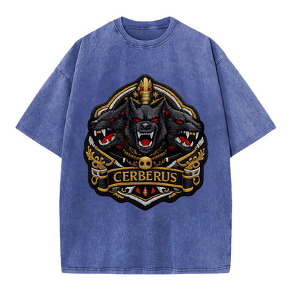CERBERUS THREE HEADS - triple hound in black and red , underworld - Vintage T-shirt - Blue