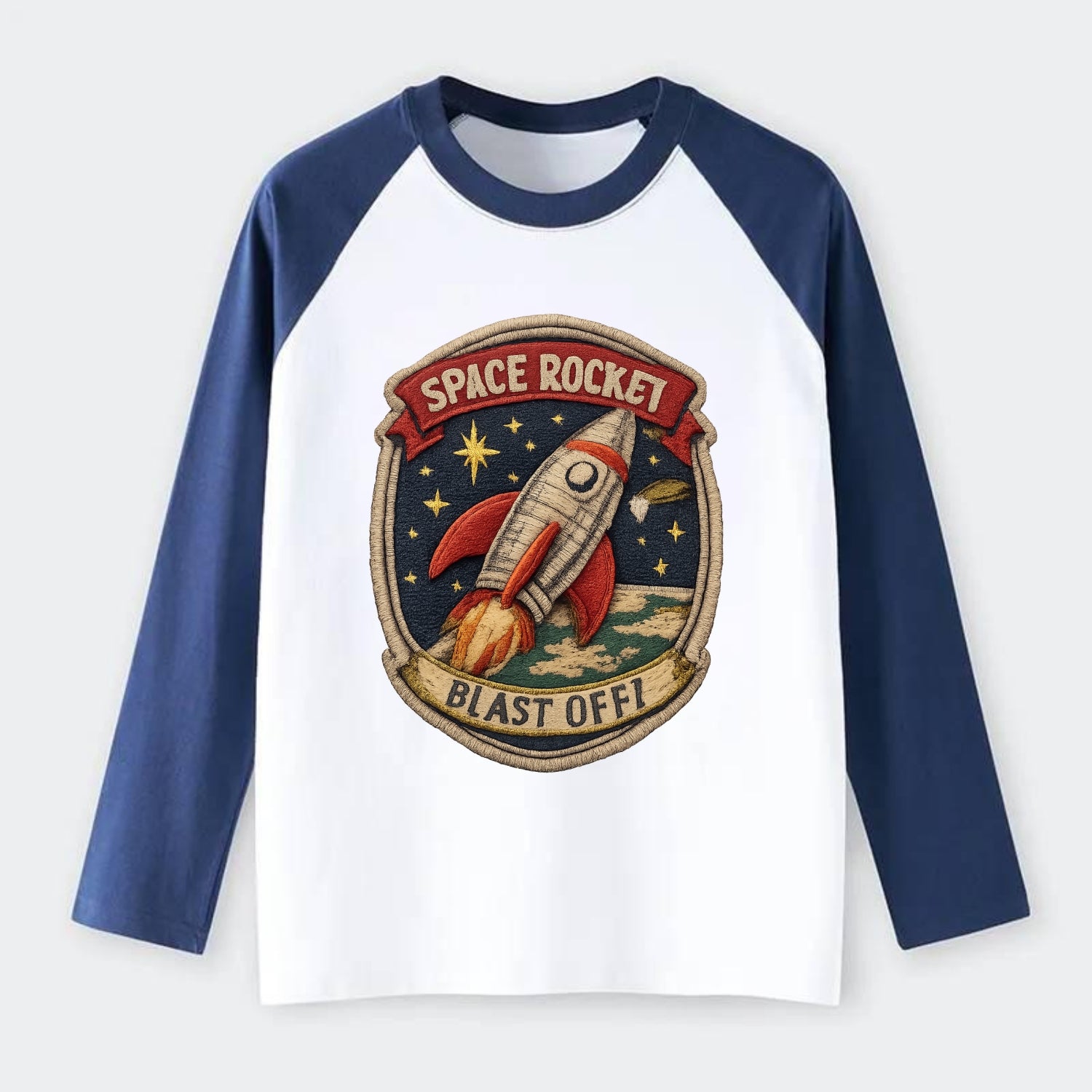RETRO ROCKET - 1950s space rocket in silver and red , atomic age - Raglan Long Sleeve T-Shirt - Blue