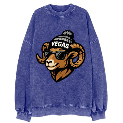 Vegas Desert Bighorn wearing Raiders silver and black beanie with pom pom and - Vintage Sweatshirt - Blue