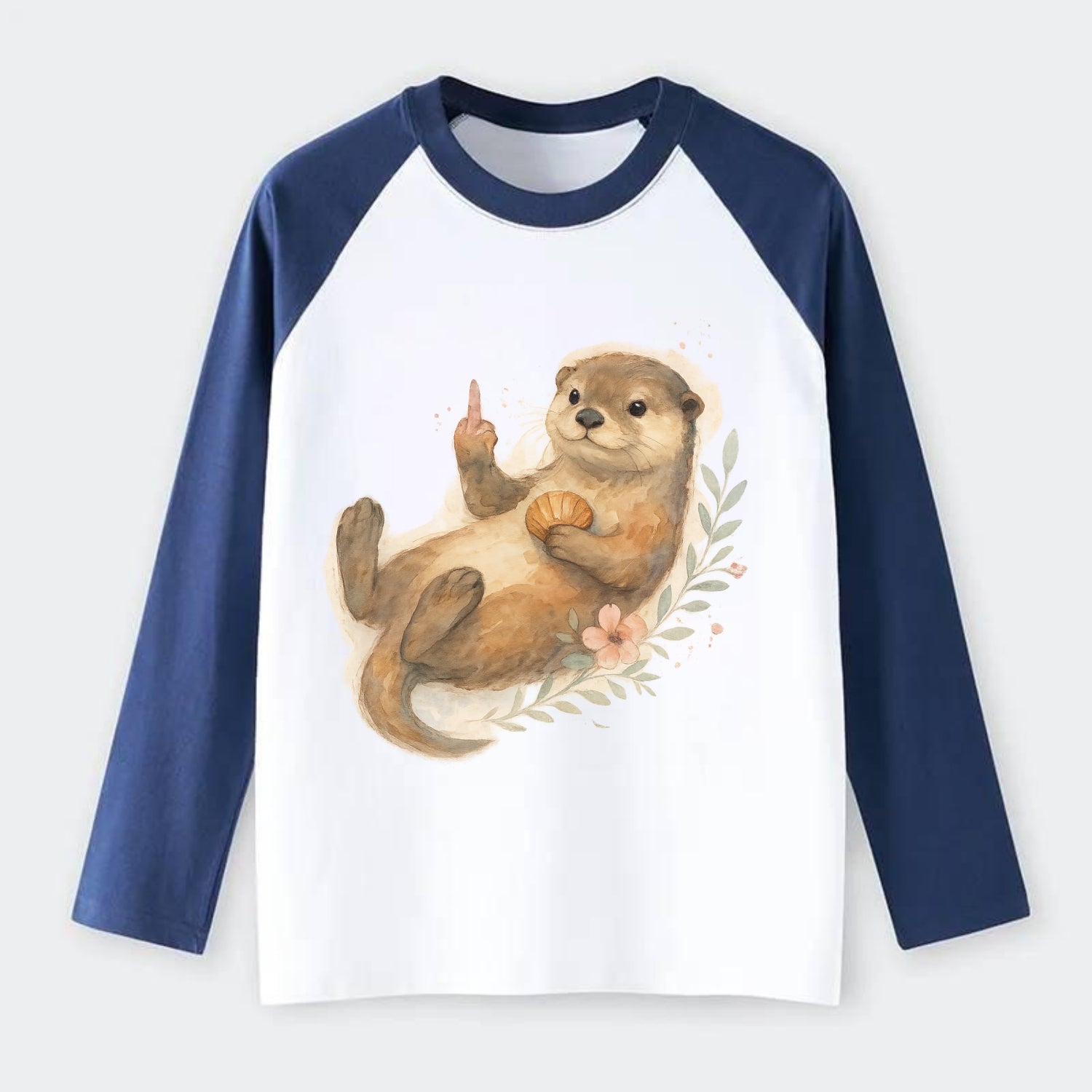adorable otter floating on back, middle finger up while holding a - Raglan Long Sleeve T-Shirt - Blue