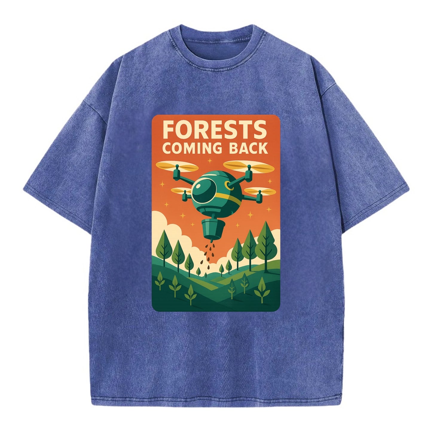 Reforestation drone planting millions of trees - "Forests Coming Back" - nature - Vintage T-shirt - Blue