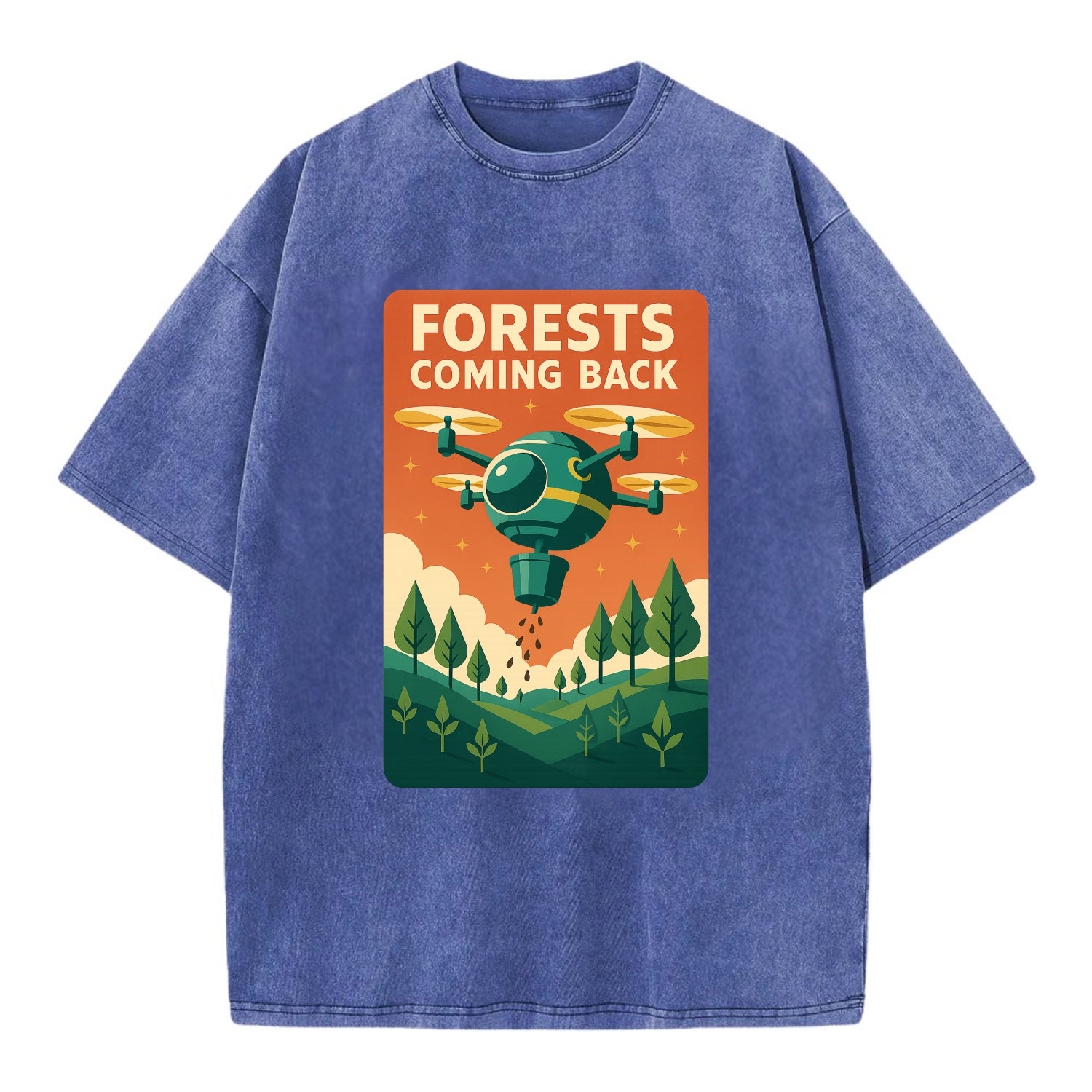 Reforestation drone planting millions of trees - "Forests Coming Back" - nature - Vintage T-shirt - Blue