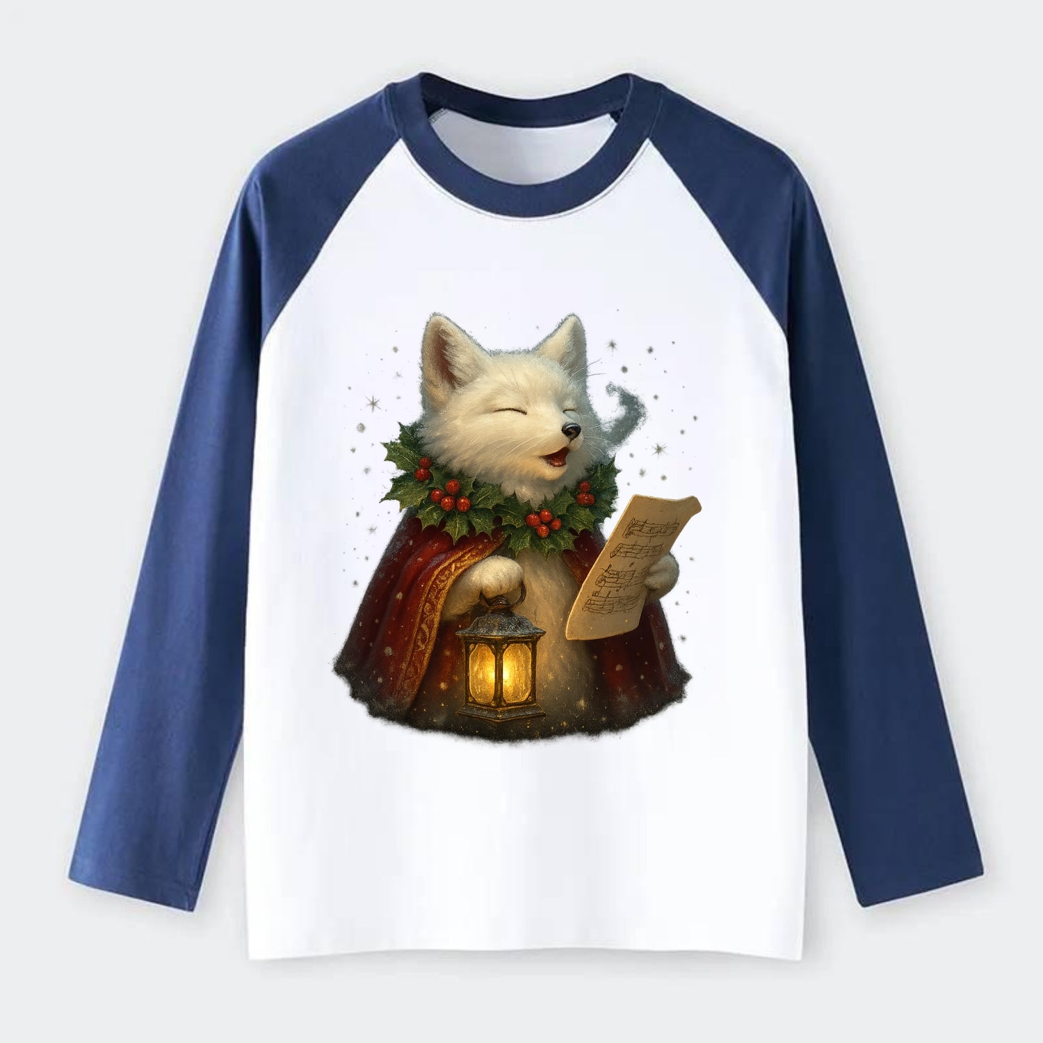 Snowbound Arctic Fox Caroler  - Raglan Long Sleeve T-Shirt - Blue