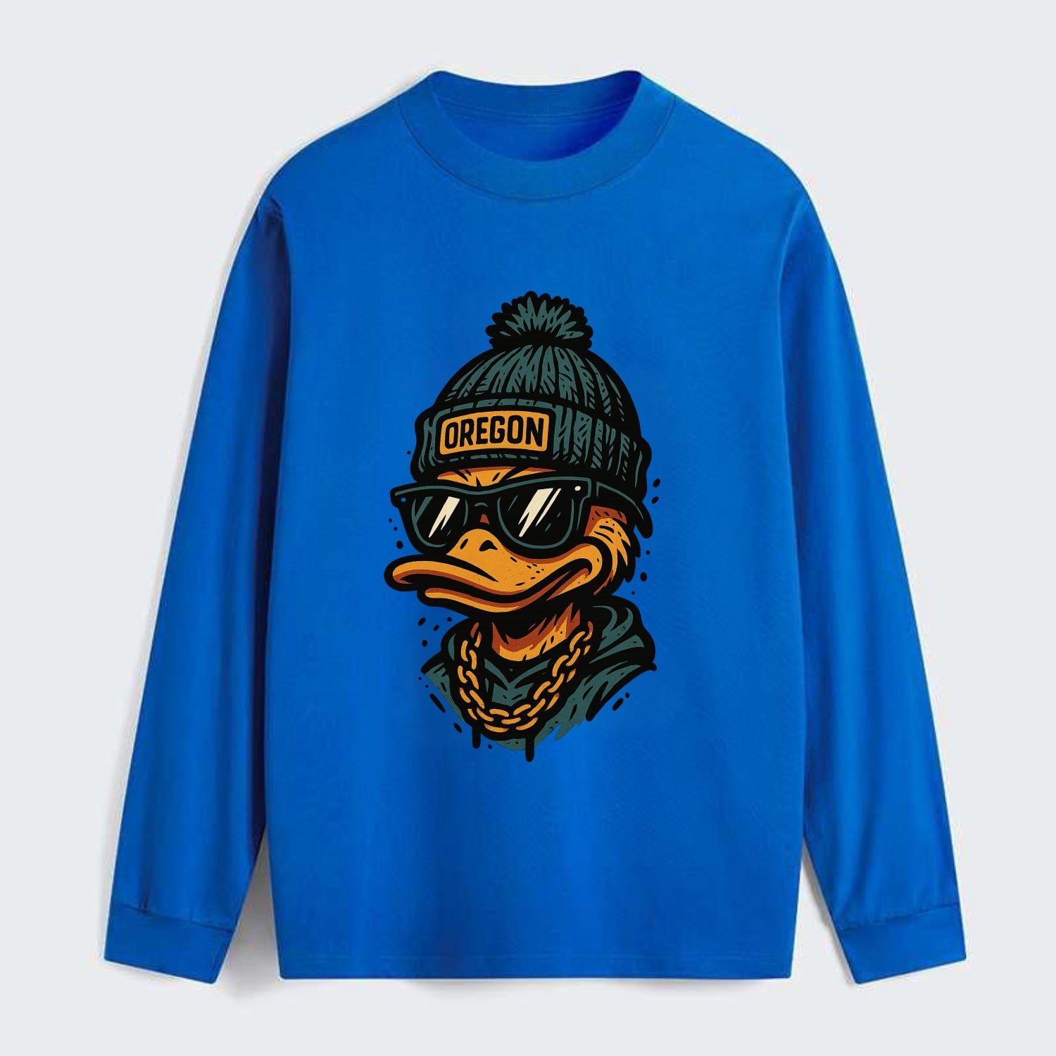 Eugene Duck wearing Oregon beanie with p - Classic Long Sleeve Shirt - Blue