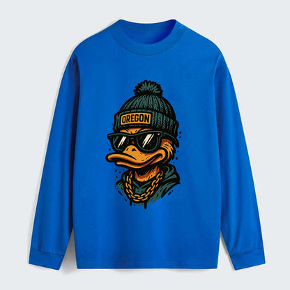 Eugene Duck wearing Oregon beanie with p - Classic Long Sleeve Shirt - Blue