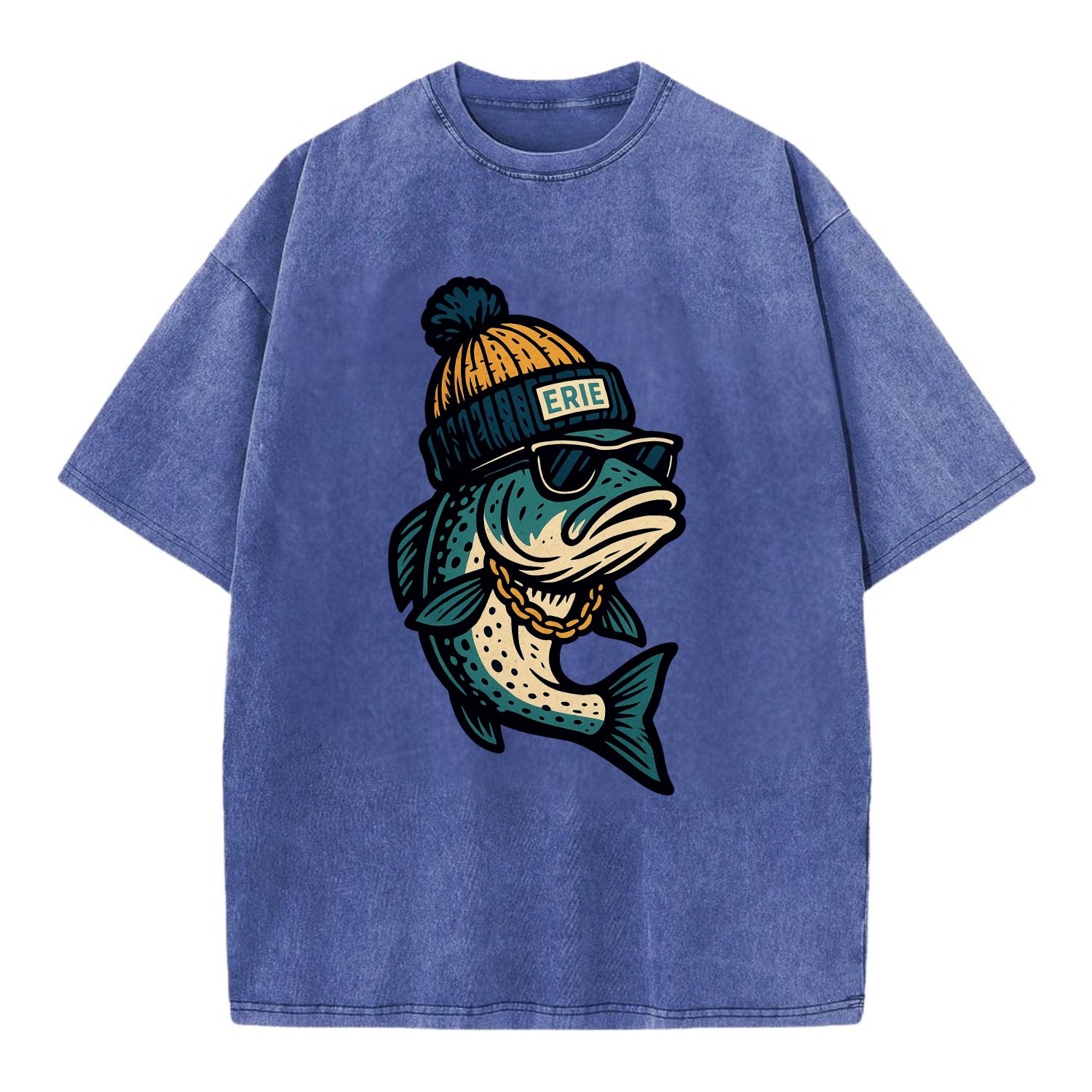 Erie Lake Trout wearing Erie beanie with - Vintage T-shirt - Blue