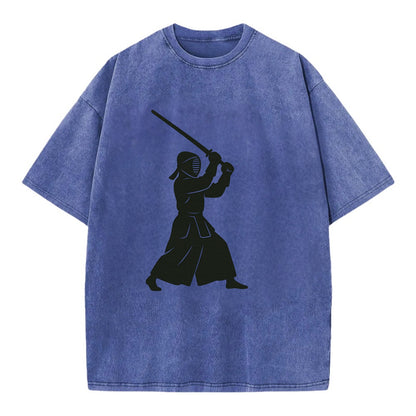 Kendo swordsman in striking stance - Vintage T-shirt - Blue