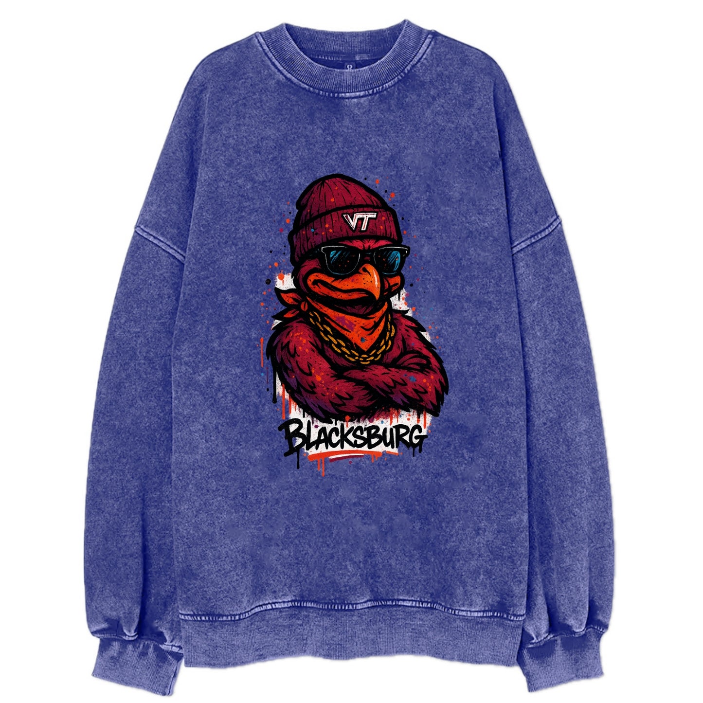 Blacksburg HokieBird wearing Virginia Tech beanie with VT patch - Vintage Sweatshirt - Blue