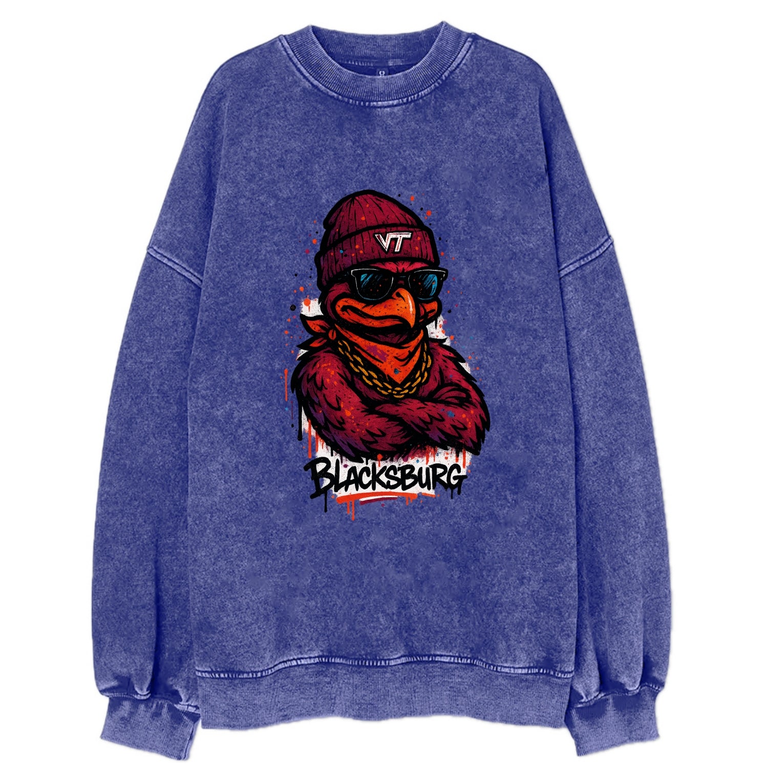 Blacksburg HokieBird wearing Virginia Tech beanie with VT patch - Vintage Sweatshirt - Blue