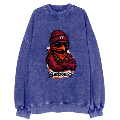 Blacksburg HokieBird wearing Virginia Tech beanie with VT patch - Vintage Sweatshirt - Blue