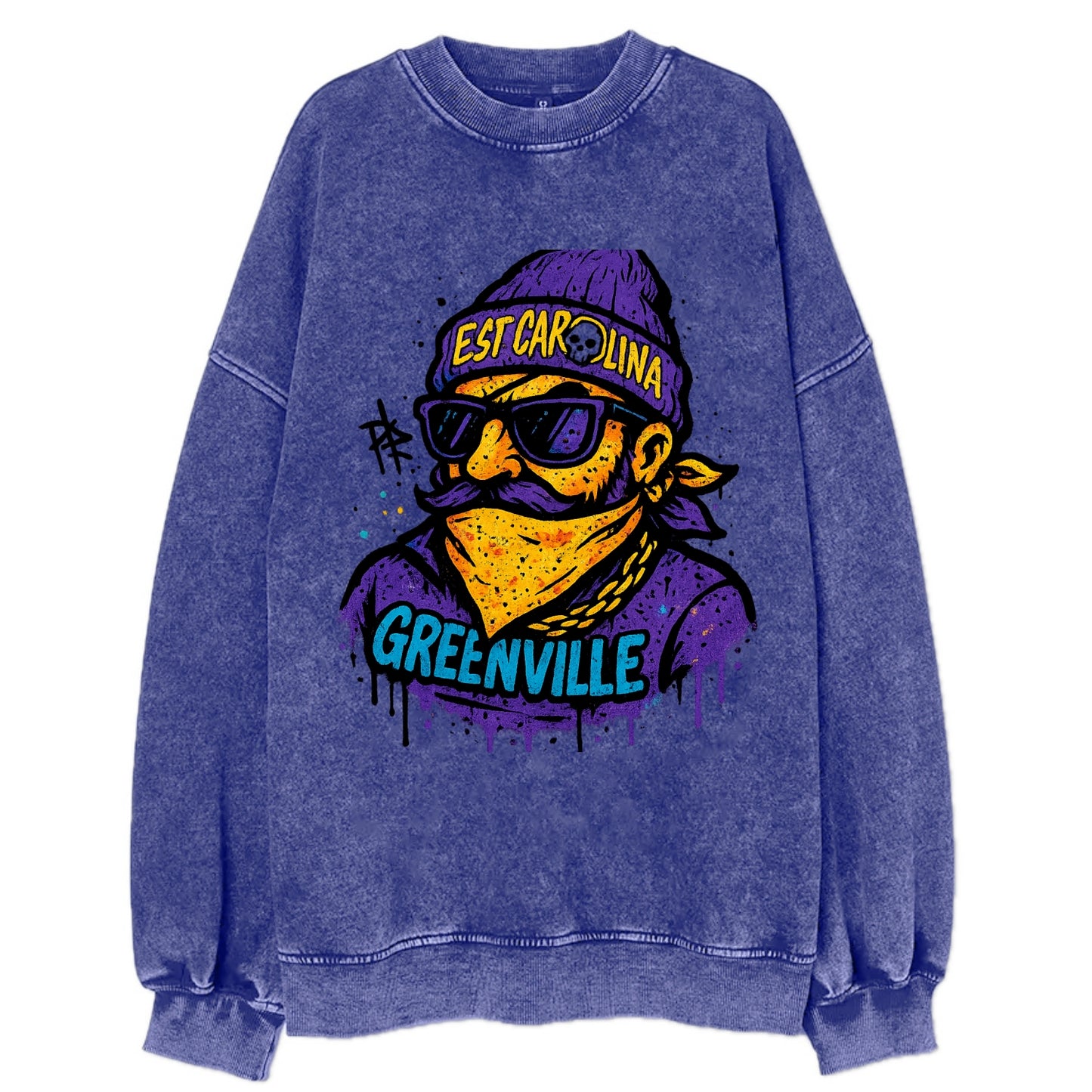 Greenville Pirate wearing East Carolina beanie with skull patch - Vintage Sweatshirt - Blue
