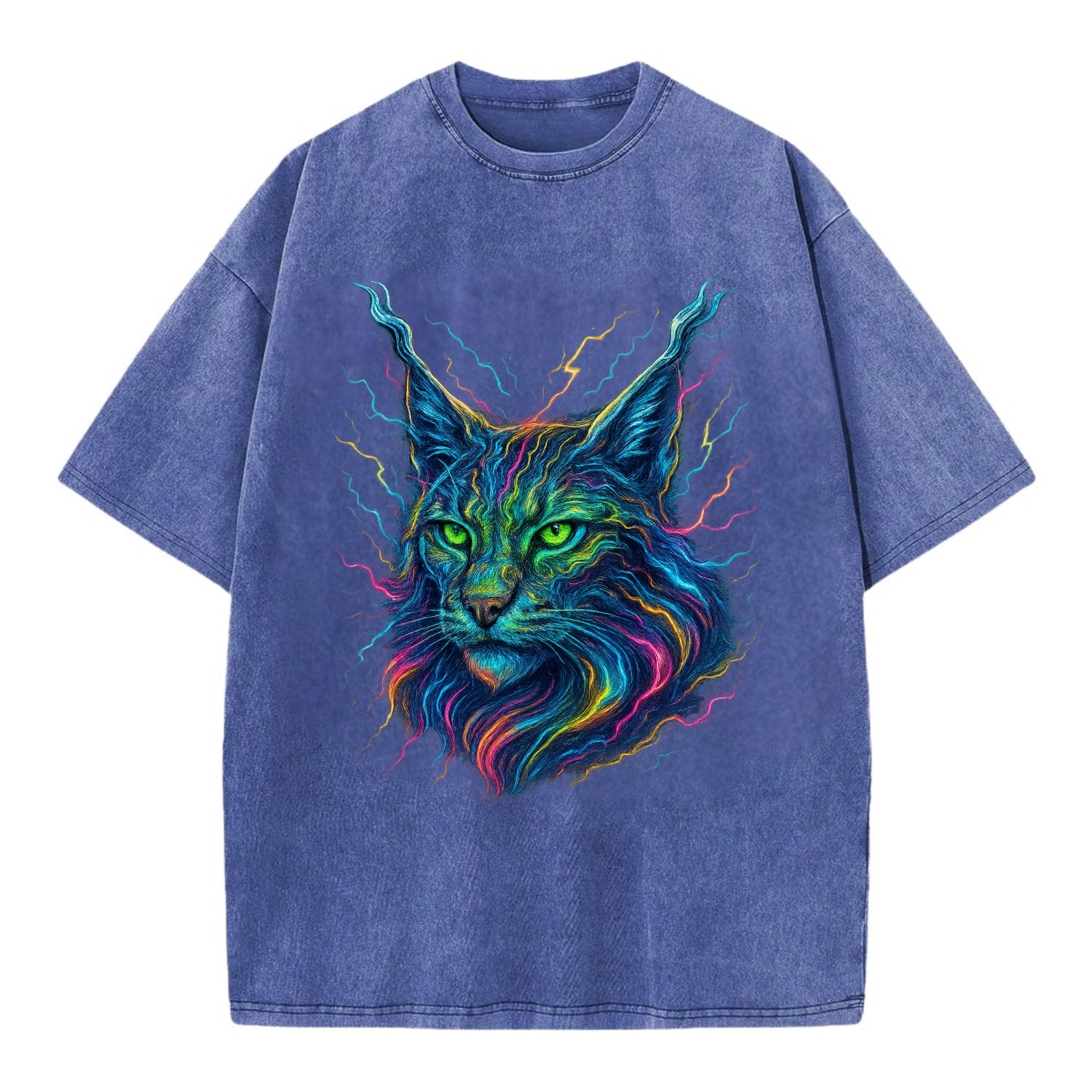 Wild lynx with ear tufts transforming into liquid mercury flows, silver and gold - Vintage T-shirt - Blue