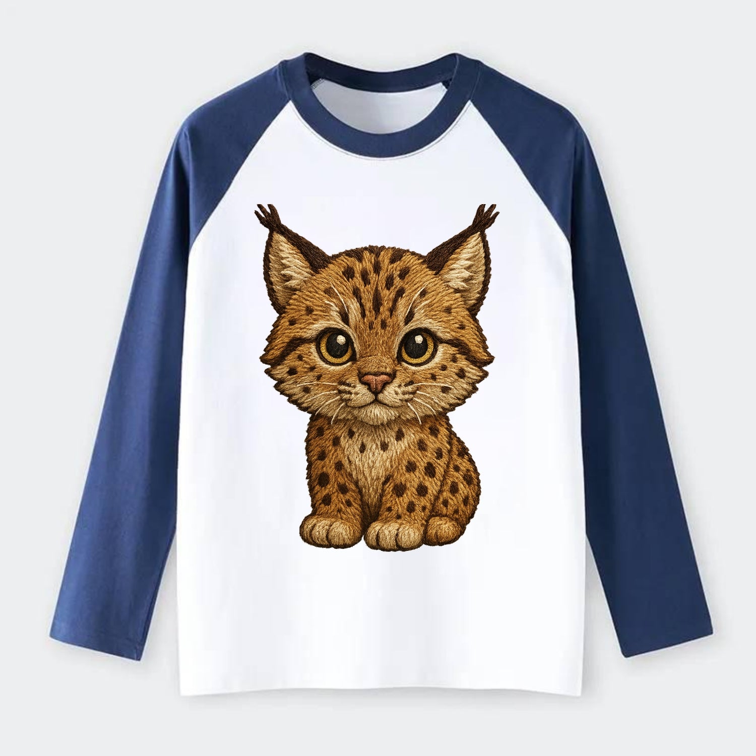 Baby Lynx Cub - tufted ears, spotted fur, golden eyes, front-facing, - Raglan Long Sleeve T-Shirt - Blue