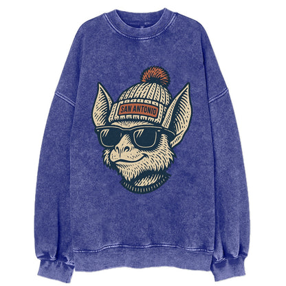 San Antonio Bat wearing San Antonio beanie with pom pom and wayfarer sunglasses - Vintage Sweatshirt - Blue