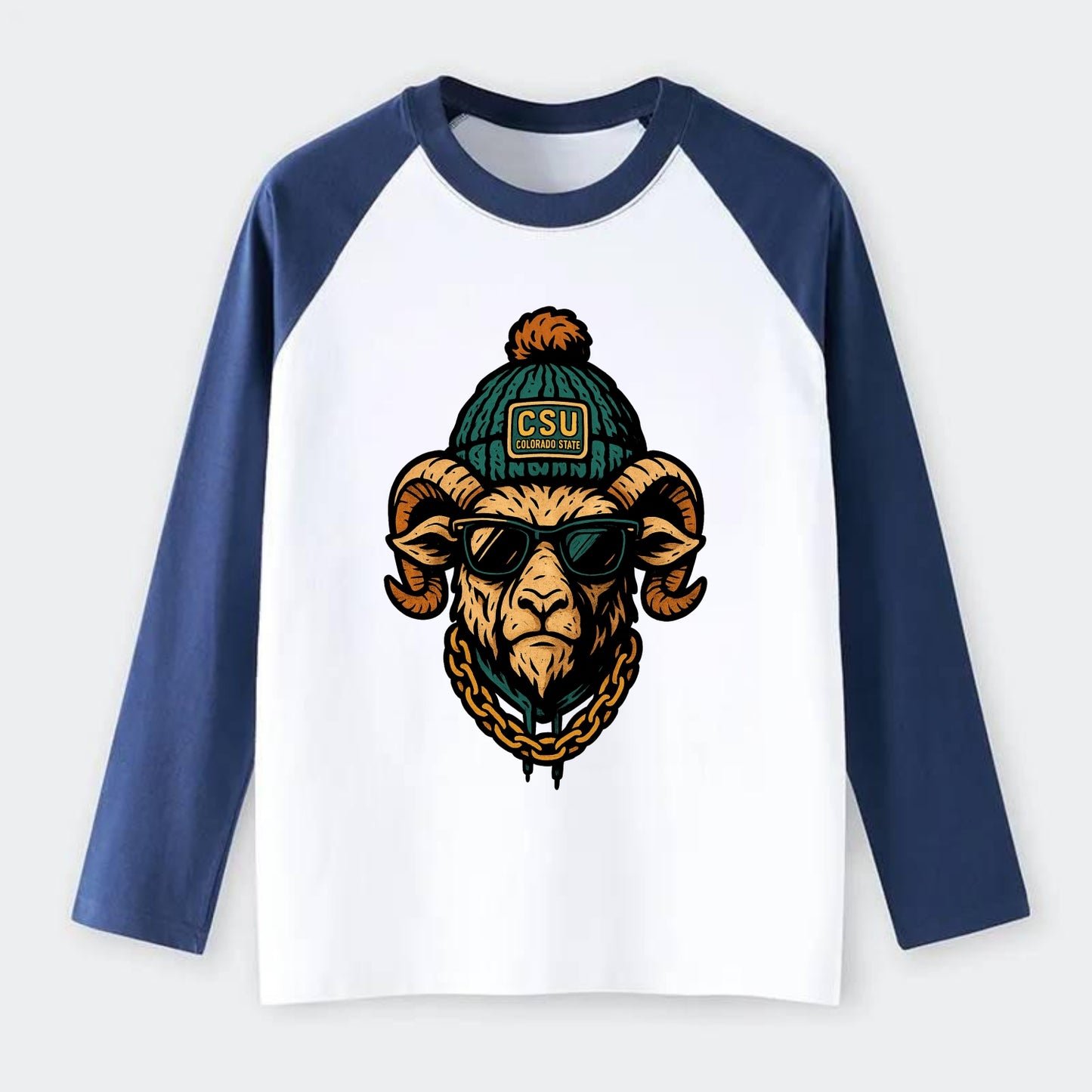 Fort Collins Ram wearing Colorado State beanie with CSU patch - Raglan Long Sleeve T-Shirt - Blue
