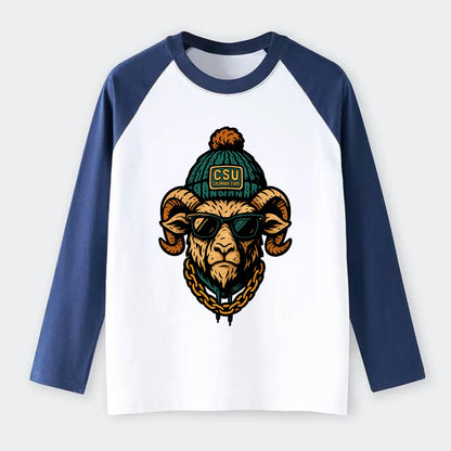 Fort Collins Ram wearing Colorado State beanie with CSU patch - Raglan Long Sleeve T-Shirt - Blue