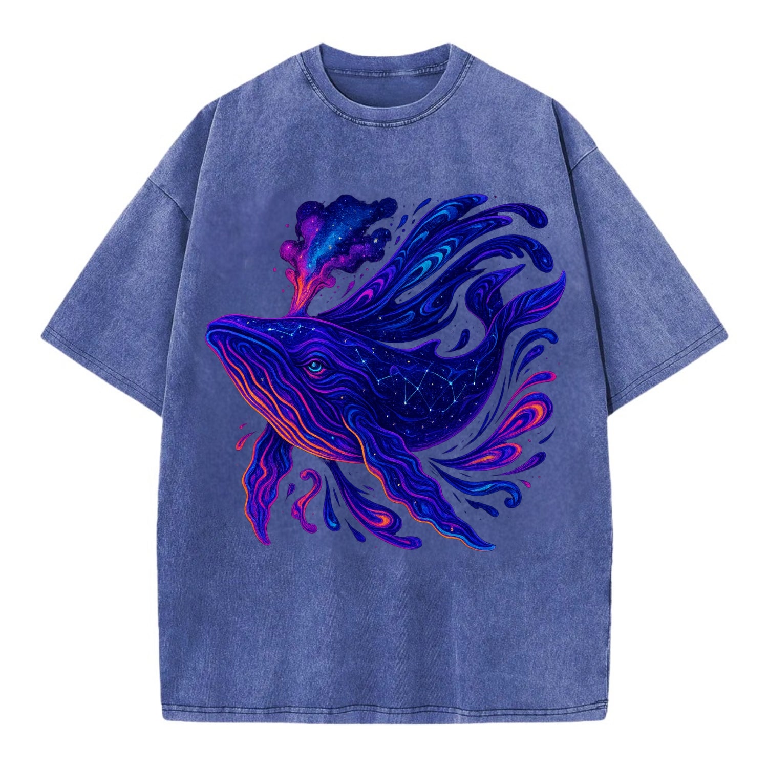 Majestic whale with body composed of galaxy clusters, stellar fins flowing like - Vintage T-shirt - Blue