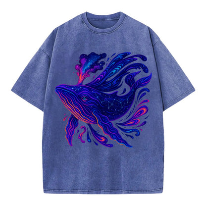 Majestic whale with body composed of galaxy clusters, stellar fins flowing like - Vintage T-shirt - Blue
