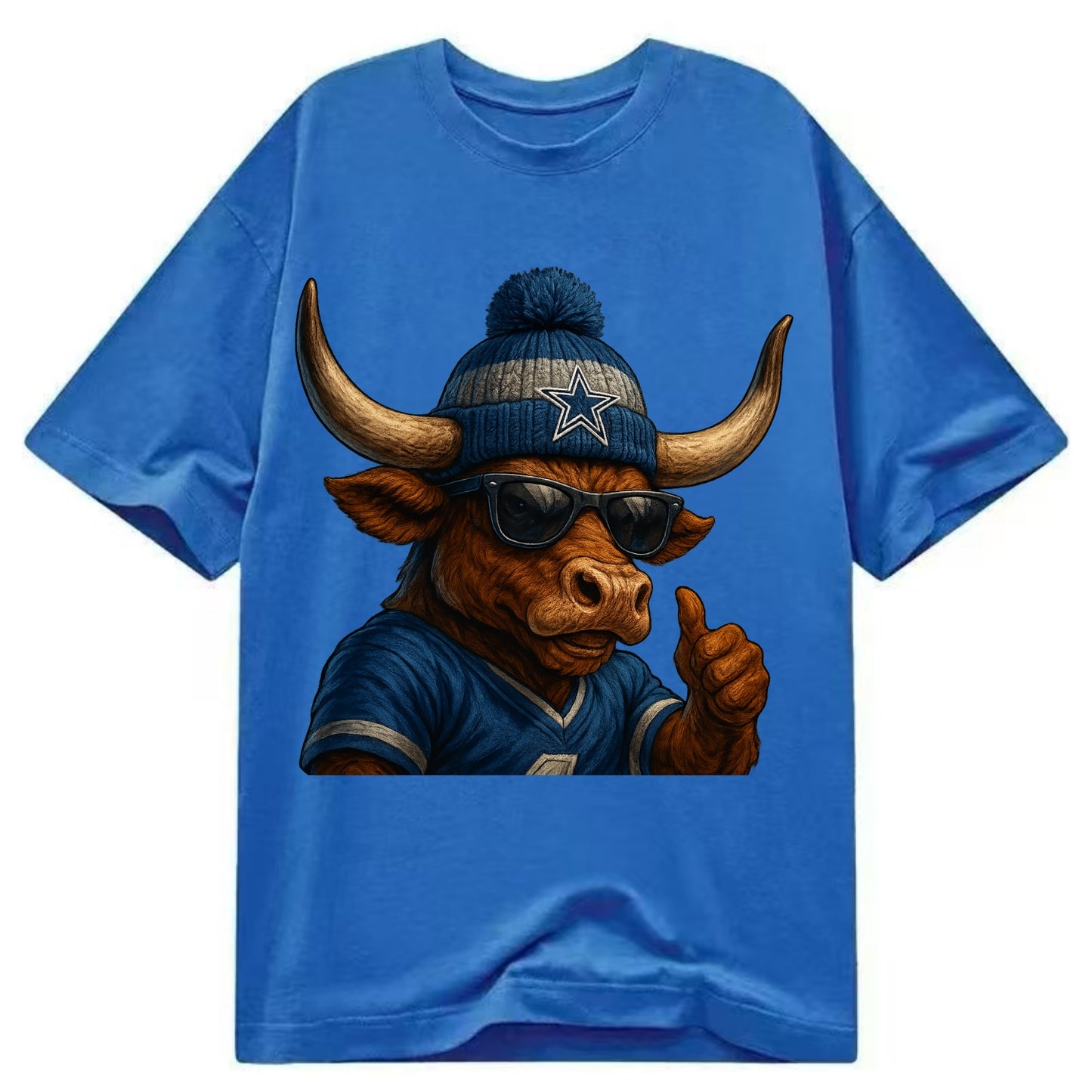 Texas Longhorn wearing Cowboys silver and blue beanie with star and wayfarer - Classic T-shirt - Blue