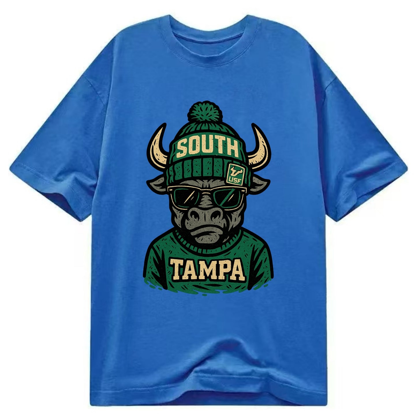 Tampa Bull wearing South Florida beanie with USF patch - Classic T-shirt - Blue