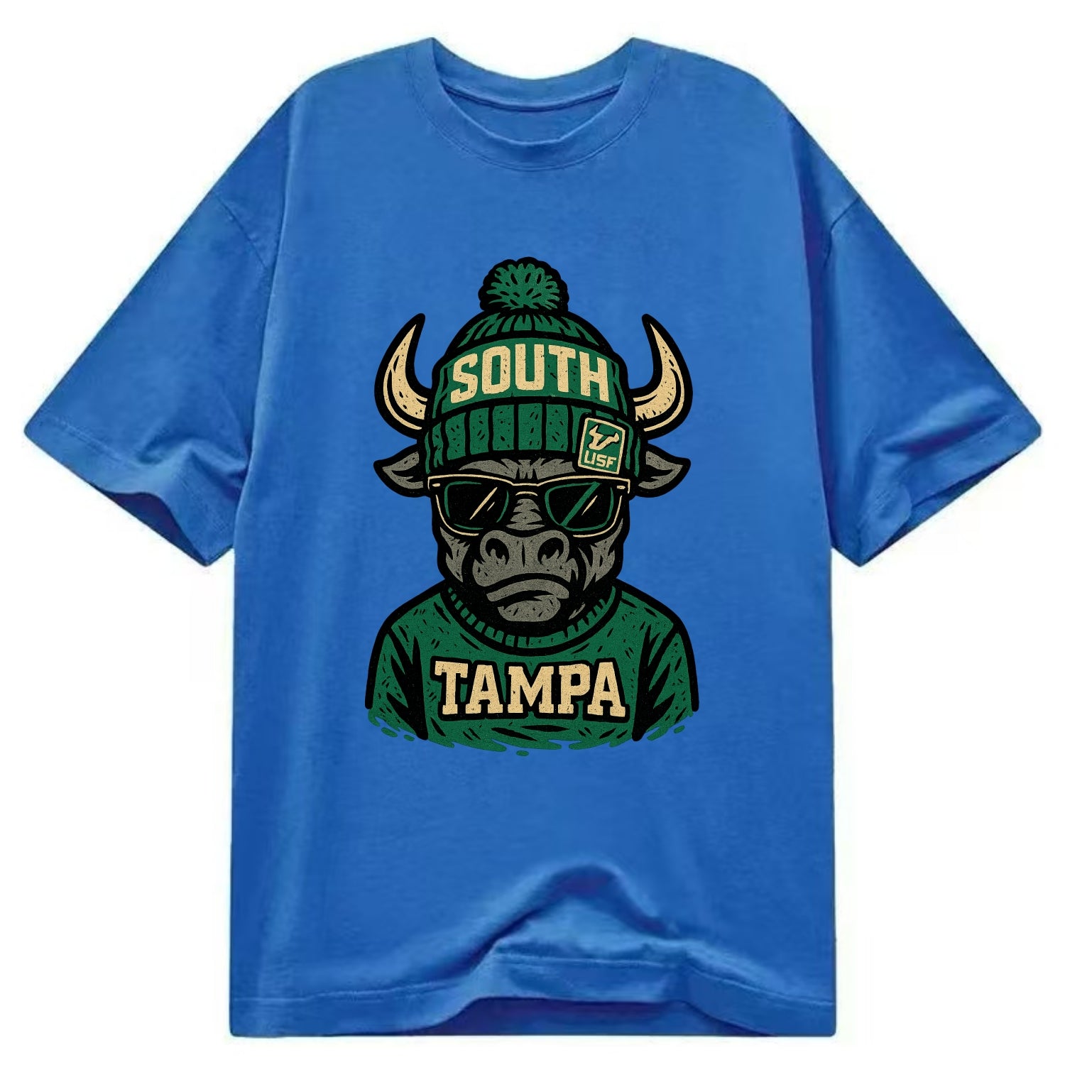 Tampa Bull wearing South Florida beanie with USF patch - Classic T-shirt - Blue