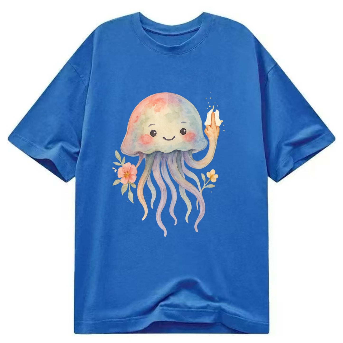 jellyfish with kawaii face and tentacles, one tentacle pointing up defiantly - Classic T-shirt - Blue