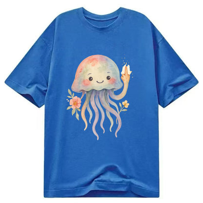 jellyfish with kawaii face and tentacles, one tentacle pointing up defiantly - Classic T-shirt - Blue