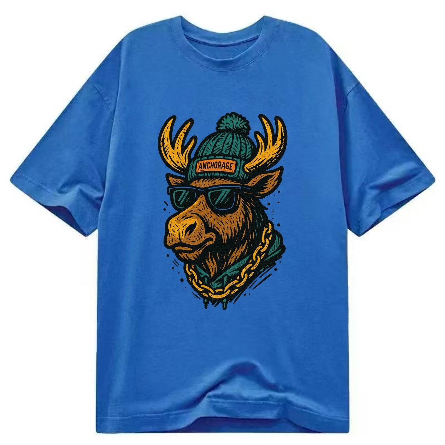 Alaska Moose wearing Anchorage beanie with pom pom and wayfarer sunglasses - Classic T-shirt - Blue