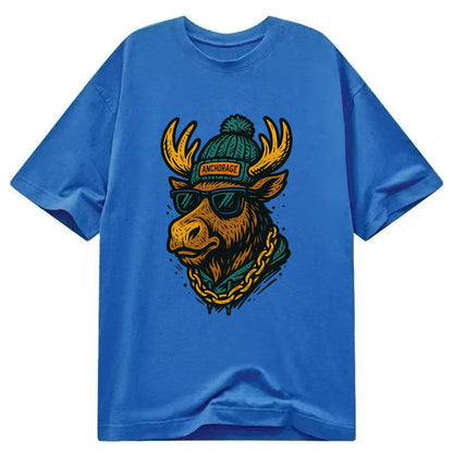 Alaska Moose wearing Anchorage beanie with pom pom and wayfarer sunglasses - Classic T-shirt - Blue