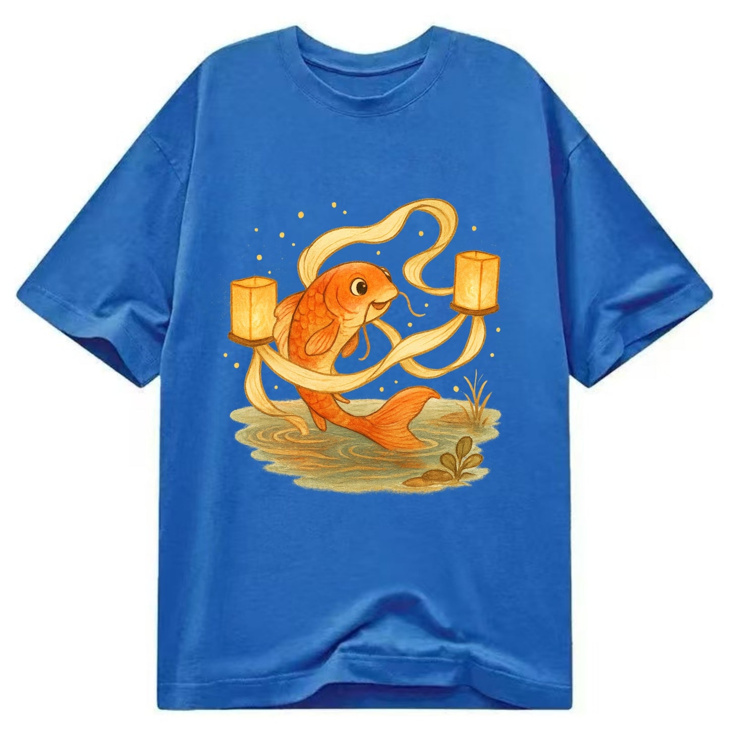 Koi weaving silk streamers through floating lanterns on tranquil water - Classic T-shirt - Blue