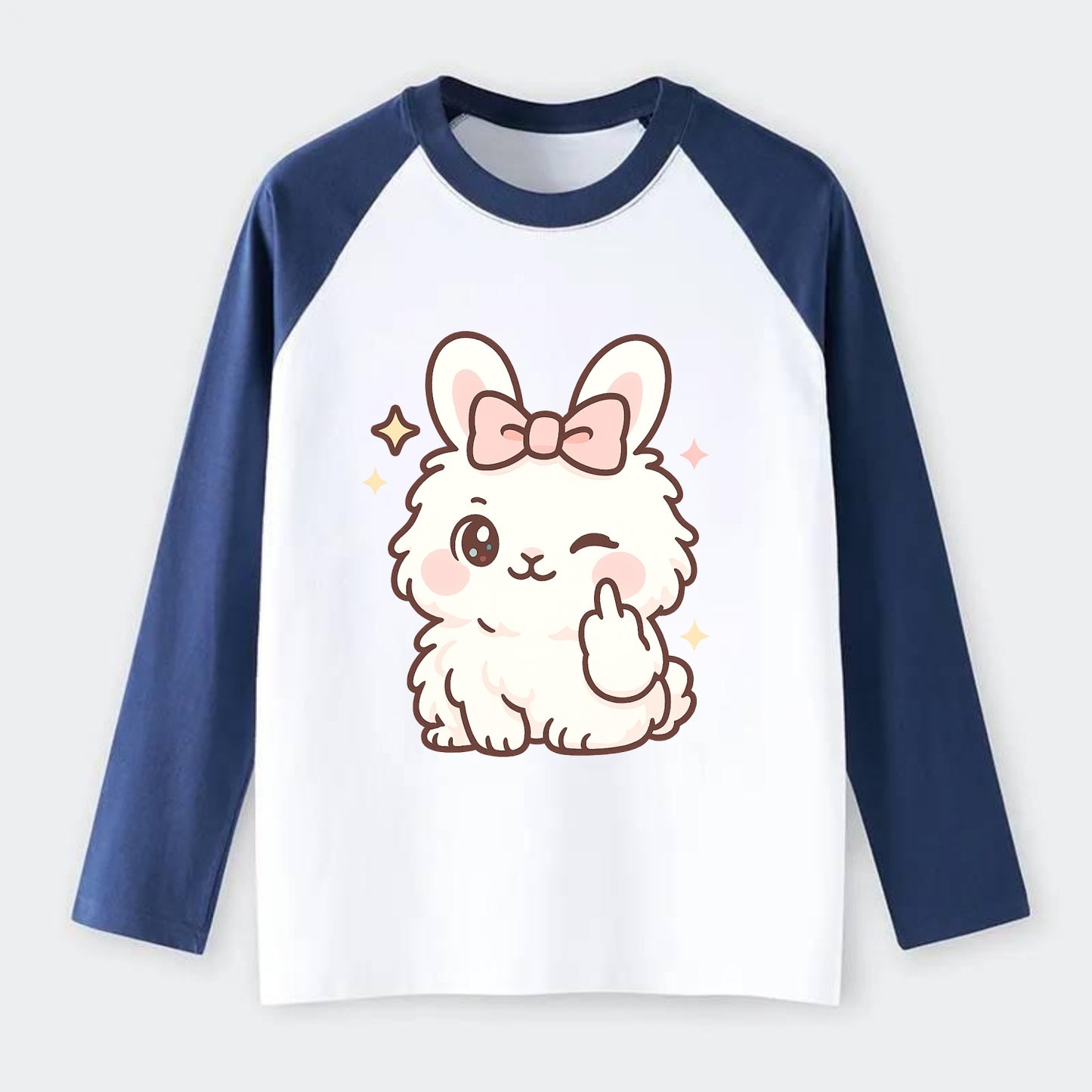 fluffy white angora rabbit with pink bow, one paw delicately flipping - Raglan Long Sleeve T-Shirt - Blue